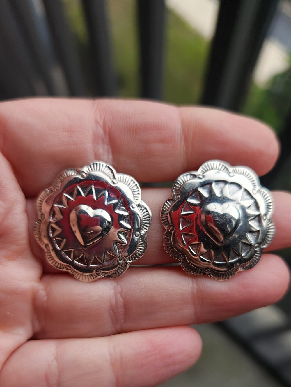 Handmade Sterling Silver 925 Heart Concho Post Back Statement Stud Earrings